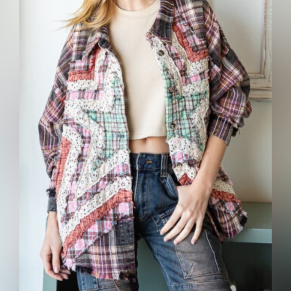 Oli & Hali Multicolor Patchwork Plaid Jacket - Pink, Green, Brown